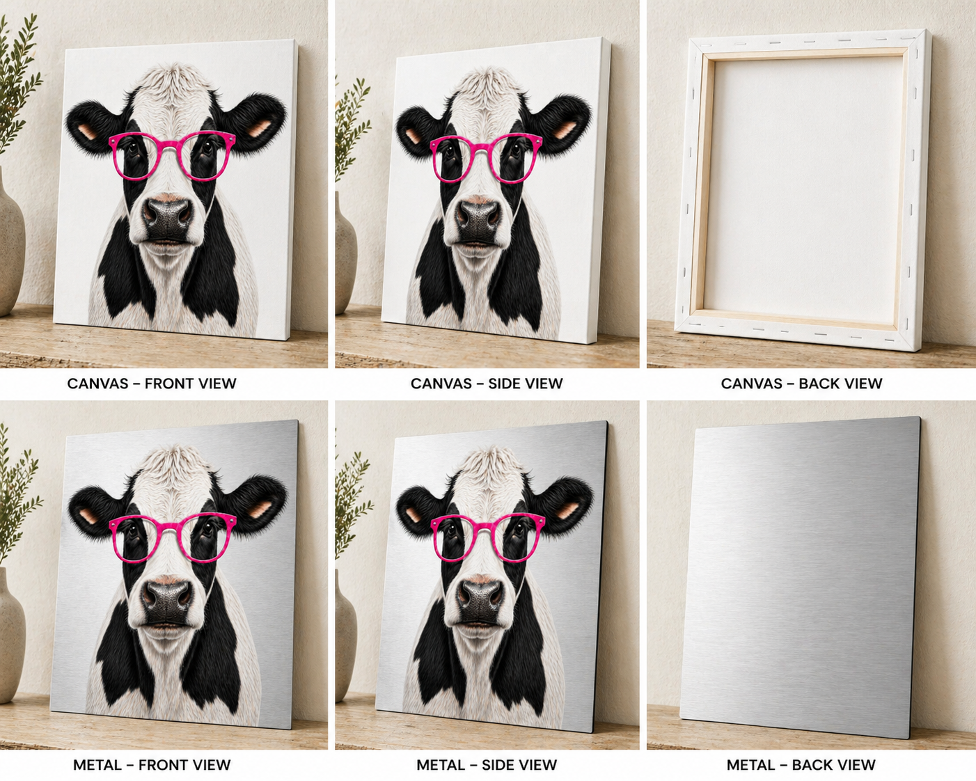 Black & White Cow with Pink Glasses Canvas & Metal Print – Chic Rustic Farmhouse Wall Art
