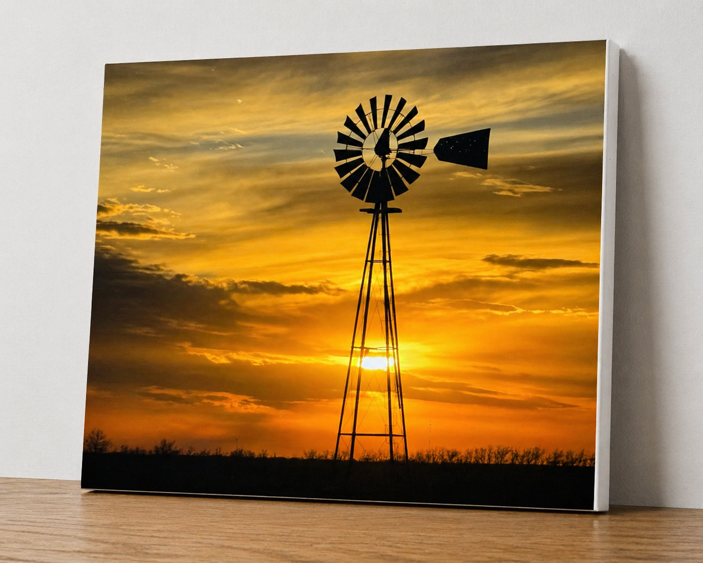 Golden Windmill Sunset Canvas & Metal Print – Rustic Farmhouse Landscape Wall Art