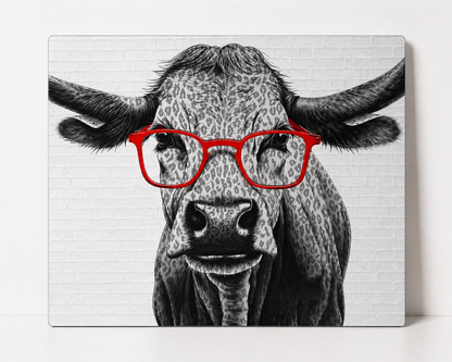 Funny Cow with Red Glasses Canvas & Metal Print – Farmhouse Humor Wall Art
