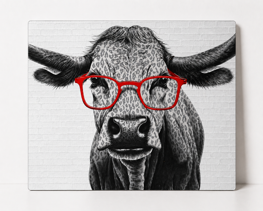 Funny Cow with Red Glasses Canvas & Metal Print – Farmhouse Humor Wall Art