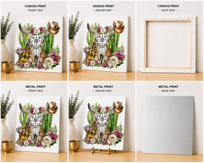 Boho Western Skull Canvas & Metal Print – Floral Cactus Cowgirl Wall Art