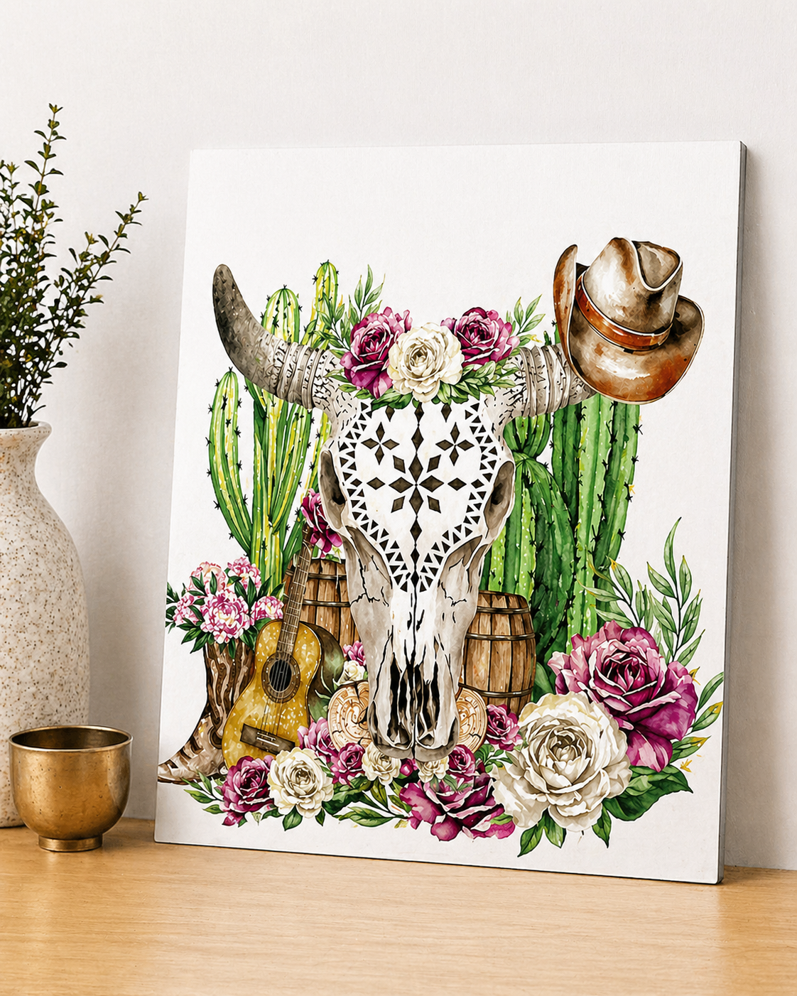 Boho Western Skull Canvas & Metal Print – Floral Cactus Cowgirl Wall Art