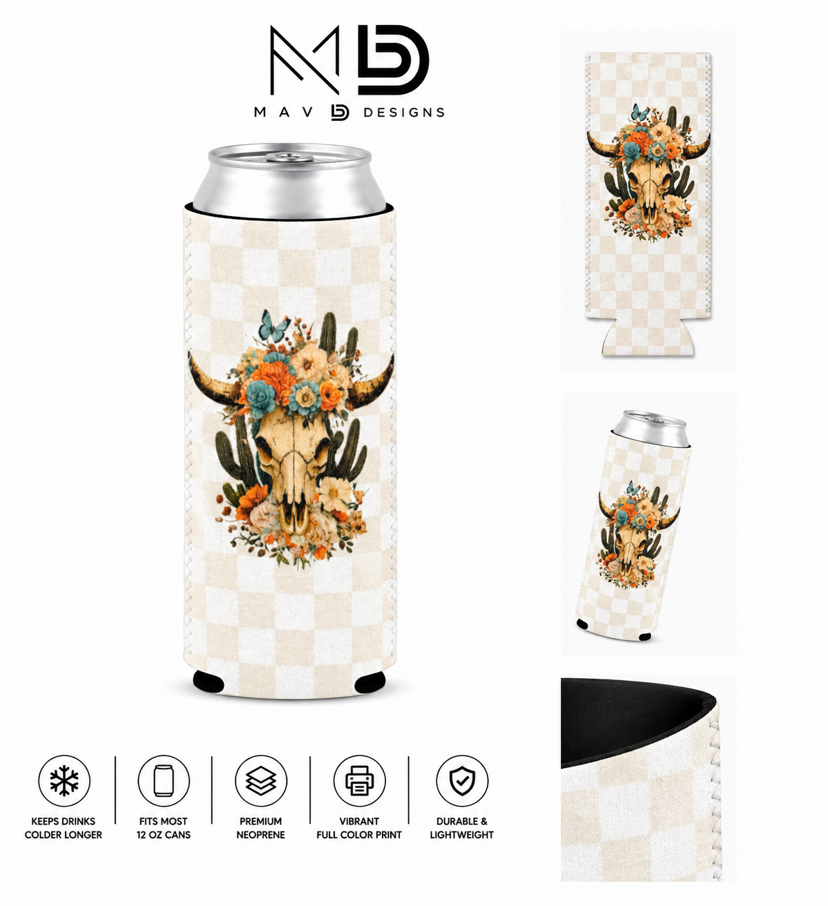 Boho Western Floral Cowskull | 12 oz Tall Skinny Can Koozie