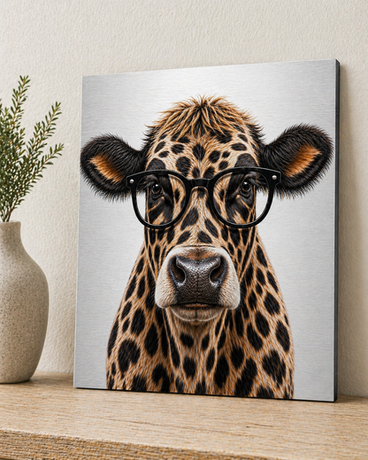 Leopard Print Cow with Glasses Canvas & Metal Print – Chic Rustic Statement Wall Art