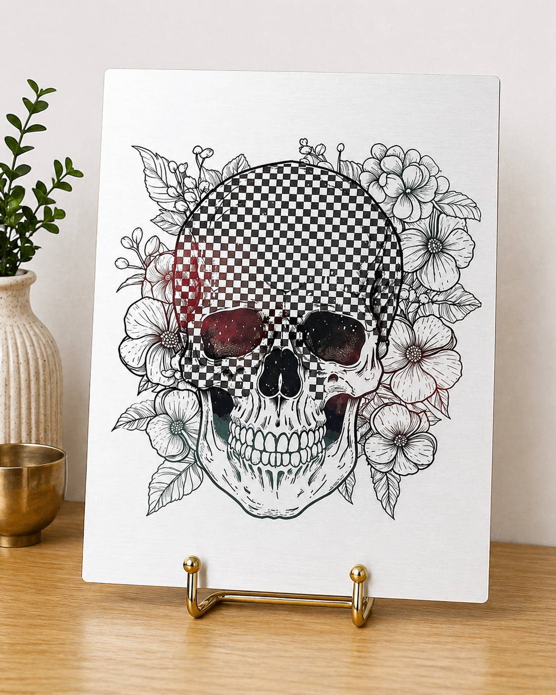 Checkerboard Skull Canvas & Metal Print – Floral Gothic Wall Art