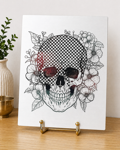 Checkerboard Skull Canvas & Metal Print – Floral Gothic Wall Art