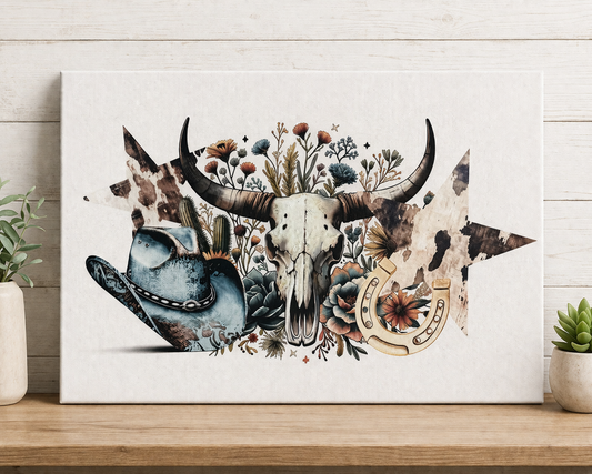 Western Skull & Wildflower Art Print – Rustic Cowgirl Canvas or Aluminum Metal Wall Decor