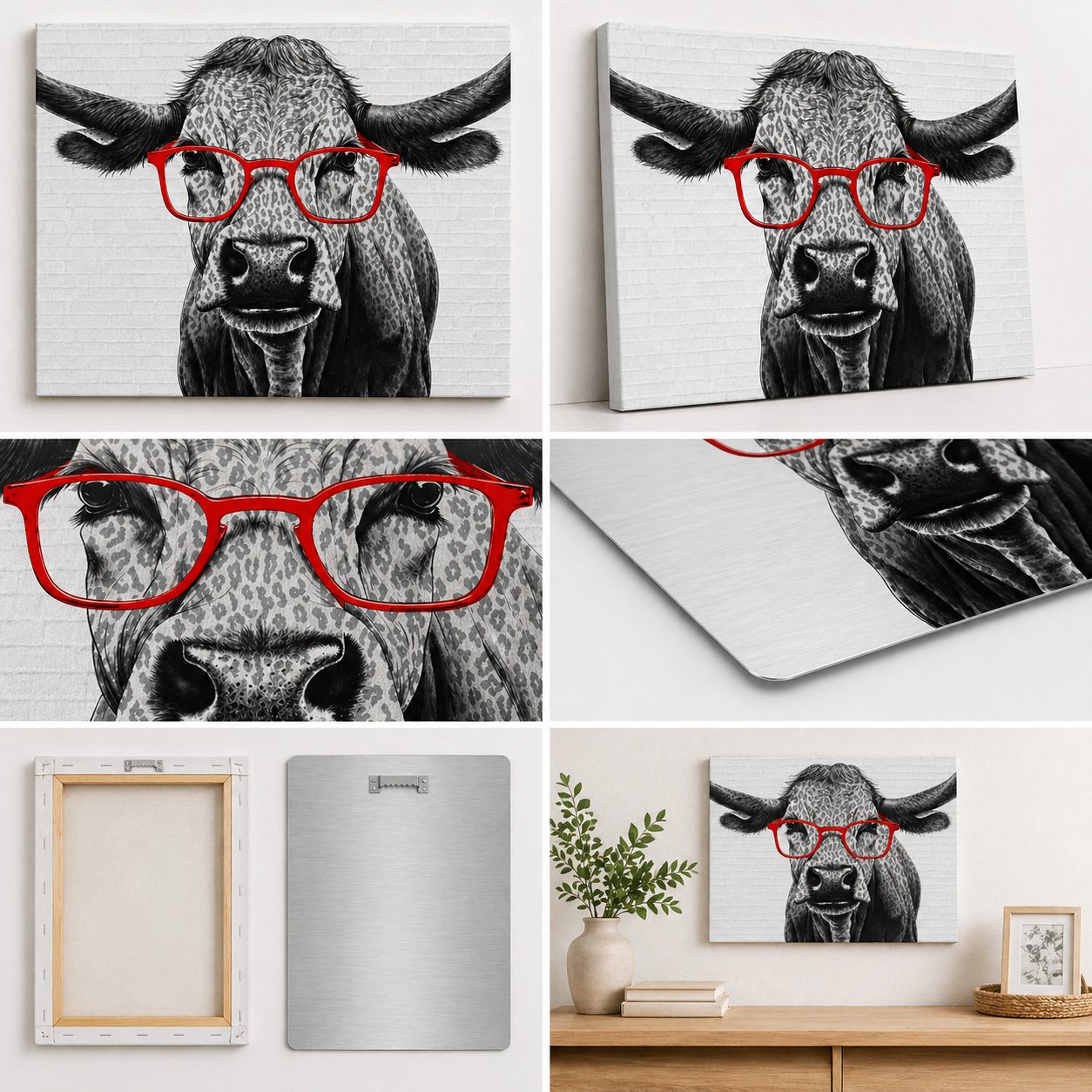 Funny Cow with Red Glasses Canvas & Metal Print – Farmhouse Humor Wall Art