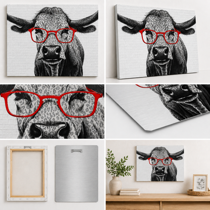 Funny Cow with Red Glasses Canvas & Metal Print – Farmhouse Humor Wall Art