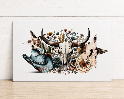 Western Skull & Wildflower Art Print – Rustic Cowgirl Canvas or Aluminum Metal Wall Decor