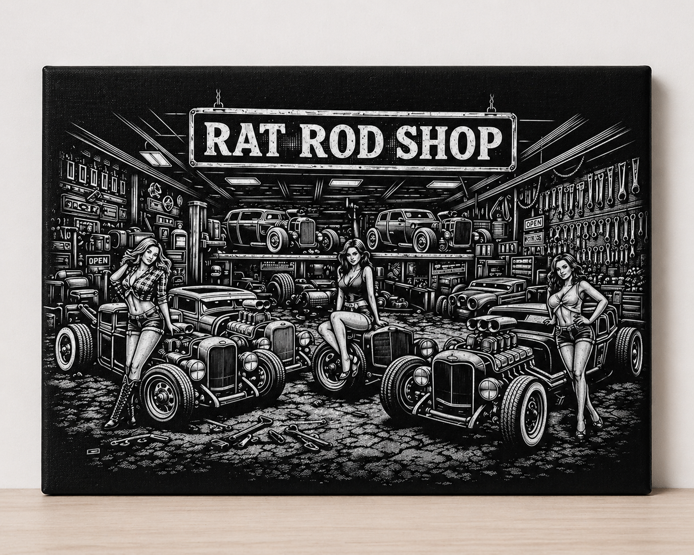 Rat Rod Shop Canvas & Metal Print – Vintage Hot Rod Garage Wall Art