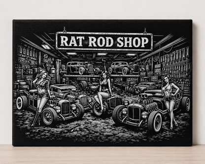Rat Rod Shop Canvas & Metal Print – Vintage Hot Rod Garage Wall Art