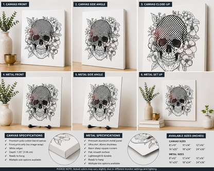 Checkerboard Skull Canvas & Metal Print – Floral Gothic Wall Art
