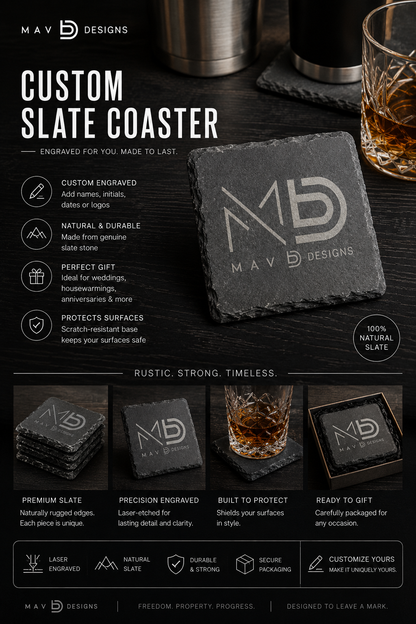 Laser Engraved Slate Coasters | Custom & Predesigned Stone Coaster Set