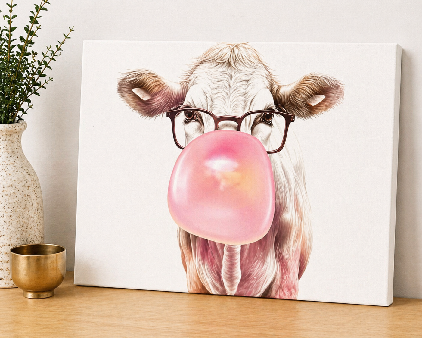 Funny Cow Bubblegum Canvas & Metal Print – Playful Farmhouse Wall Art