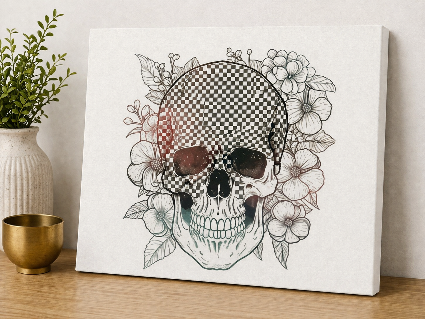 Checkerboard Skull Canvas & Metal Print – Floral Gothic Wall Art