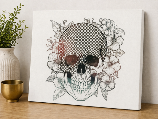 Checkerboard Skull Canvas & Metal Print – Floral Gothic Wall Art