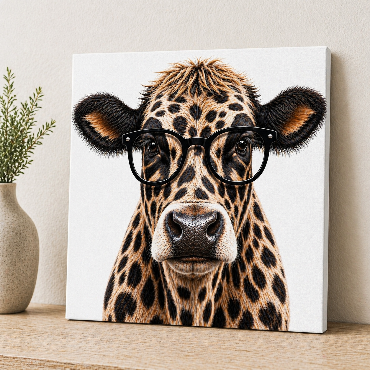 Leopard Print Cow with Glasses Canvas & Metal Print – Chic Rustic Statement Wall Art