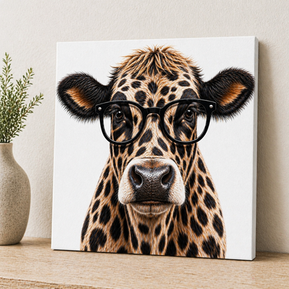 Leopard Print Cow with Glasses Canvas & Metal Print – Chic Rustic Statement Wall Art