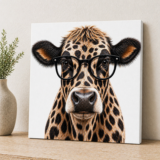 Leopard Print Cow with Glasses Canvas & Metal Print – Chic Rustic Statement Wall Art