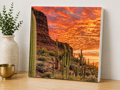 Desert Fire Sunset Canvas & Metal Print – Southwest Cactus Landscape Wall Art