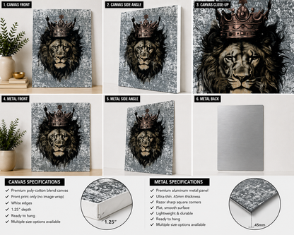 Crowned Lion Canvas & Metal Print – King Lion Wall Art | Bold Statement Decor