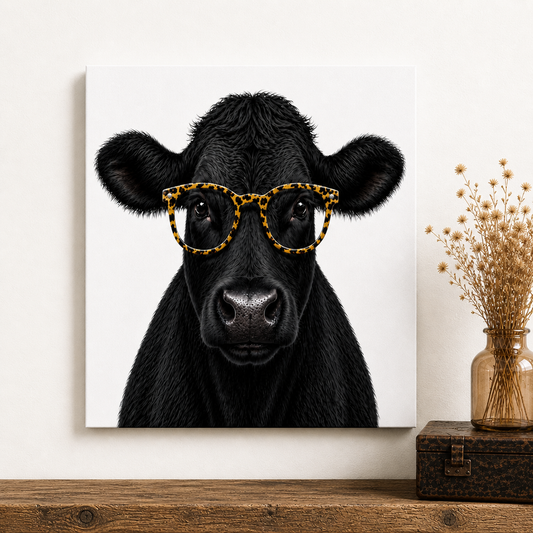 Black Cow with Leopard Glasses Canvas & Metal Print – Chic Rustic Farmhouse Wall Art