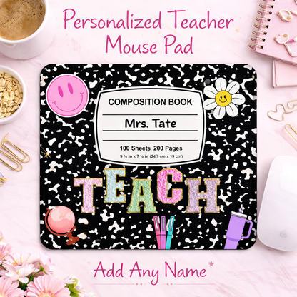 Personalized Teacher Mouse Pad - Glitter Pencil Paper Bow