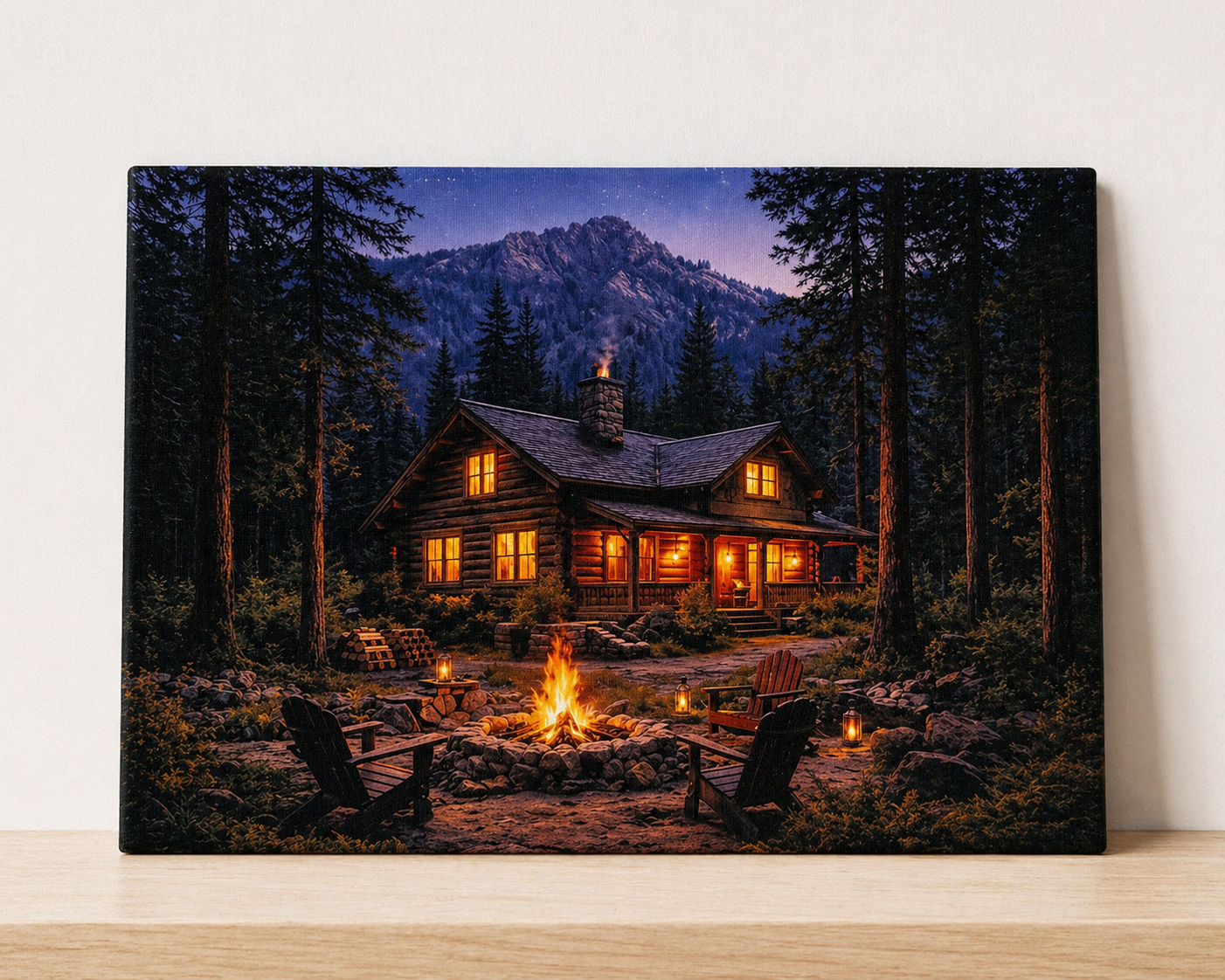 Cozy Cabin Campfire Canvas & Metal Print – Rustic Mountain Lodge Wall Art