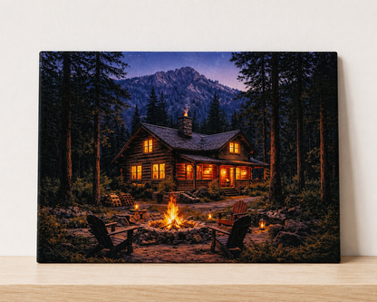 Cozy Cabin Campfire Canvas & Metal Print – Rustic Mountain Lodge Wall Art