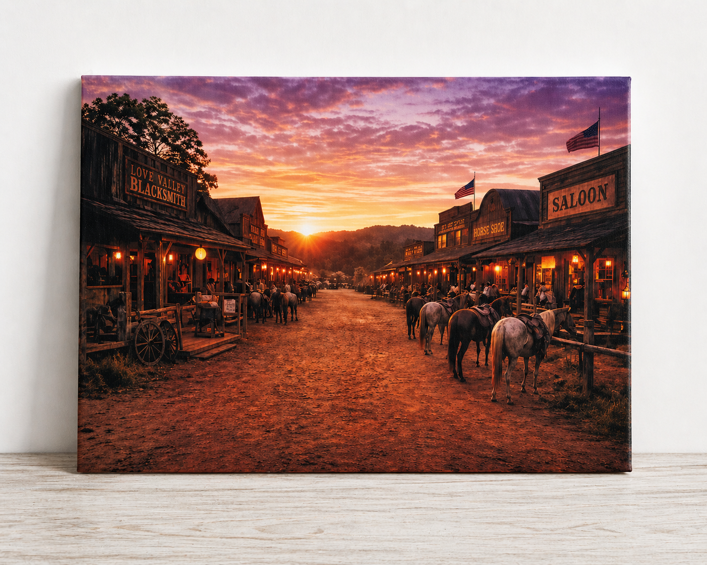 Western Saloon Sunset Canvas & Metal Print – Rustic Old Town Wall Art