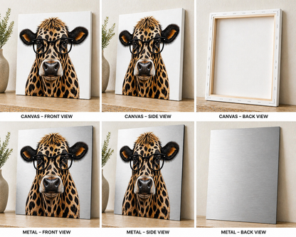 Leopard Print Cow with Glasses Canvas & Metal Print – Chic Rustic Statement Wall Art