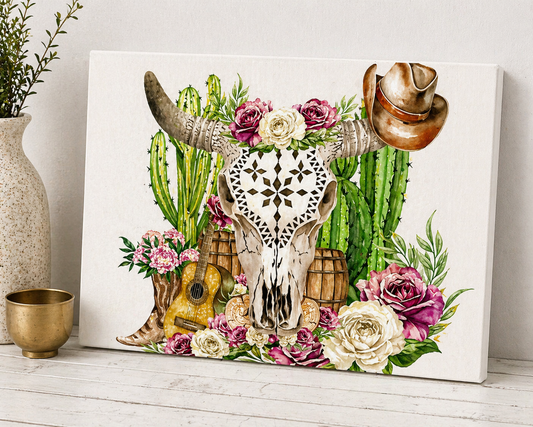 Boho Western Skull Canvas & Metal Print – Floral Cactus Cowgirl Wall Art