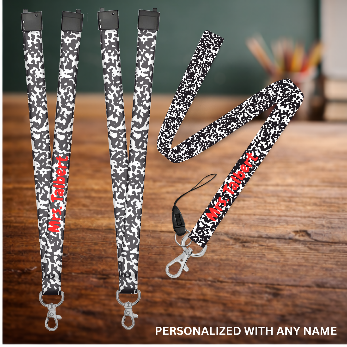 Composition Notebook Themed Sublimation Lanyard – Personalized Teacher Lanyard