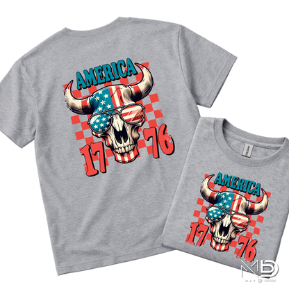America 1776 Patriotic Bull Skull Shirt | Western USA Flag Graphic Tee | Fourth of July Cowboy T-Shirt
