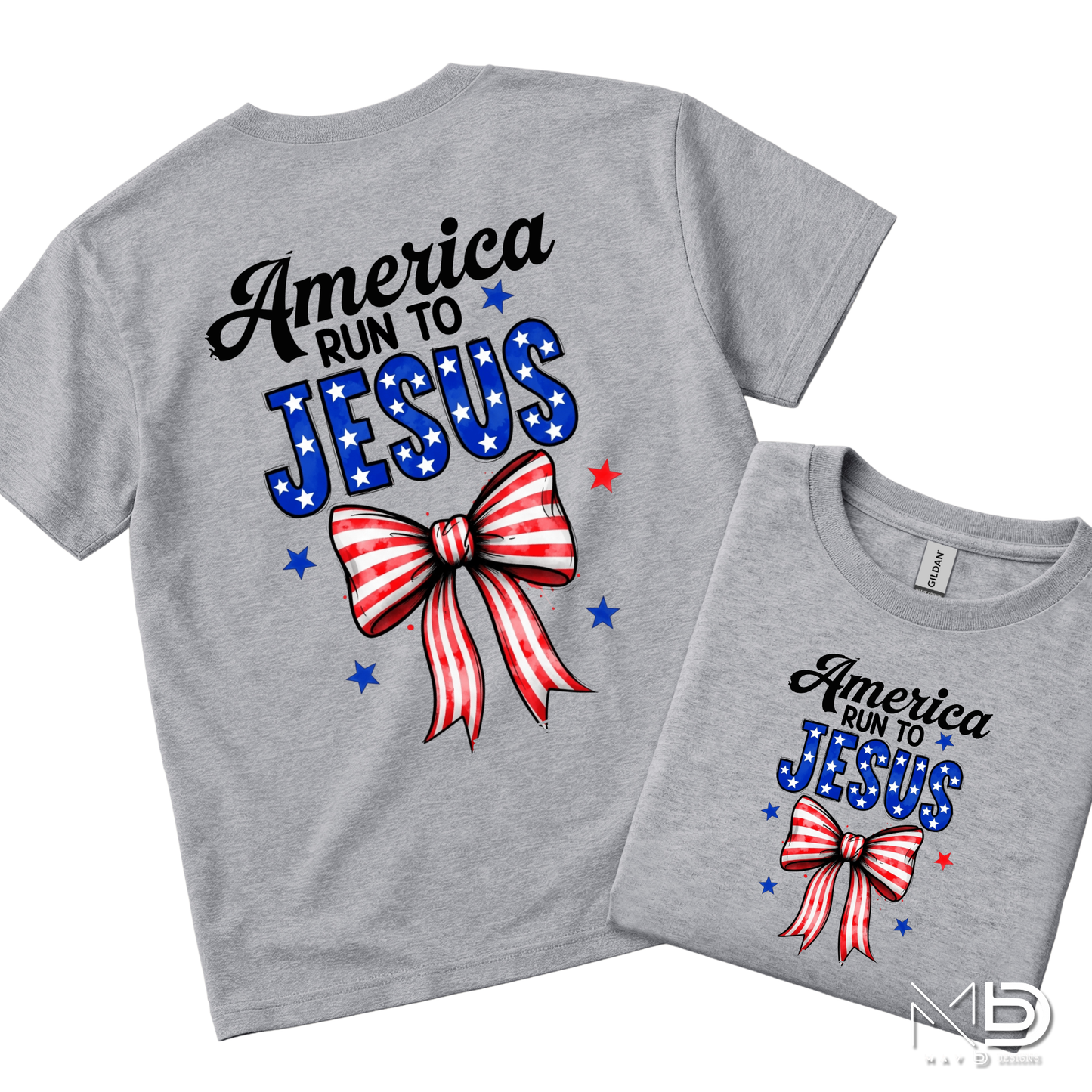 America Run To Jesus Shirt | Patriotic Christian Bow Tee | Faith & Freedom Graphic T-Shirt