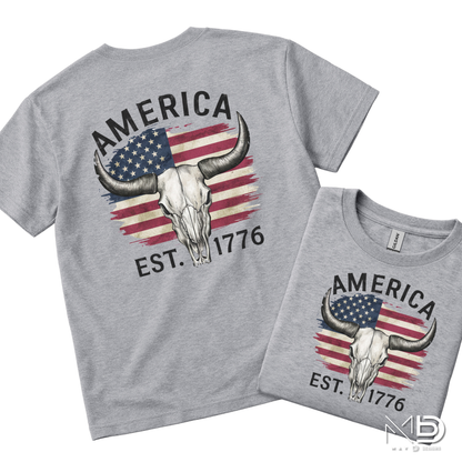 America Est. 1776 Skull Shirt | Patriotic Longhorn Graphic Tee | Western USA Freedom Shirt