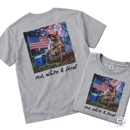 Red White & Feral Raccoon Shirt | Funny Patriotic Trash Panda Tee | Fourth of July Graphic T-Shirt