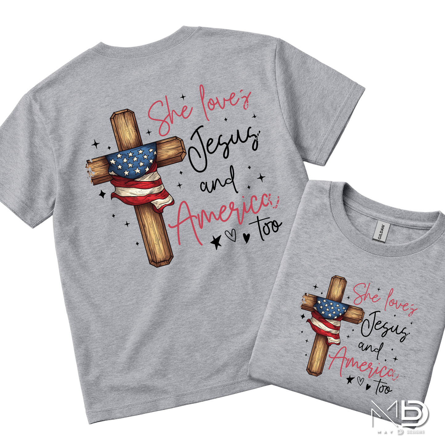 She Loves Jesus and America Too Shirt | Patriotic Christian Women’s Tee | Faith & Freedom Graphic T-Shirt