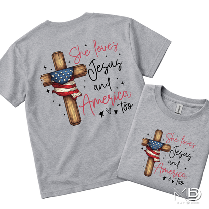 She Loves Jesus and America Too Shirt | Patriotic Christian Women’s Tee | Faith & Freedom Graphic T-Shirt