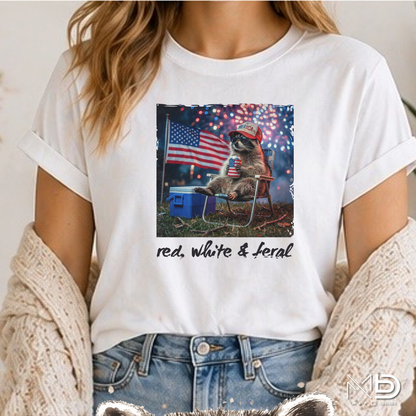 Red White & Feral Raccoon Shirt | Funny Patriotic Trash Panda Tee | Fourth of July Graphic T-Shirt