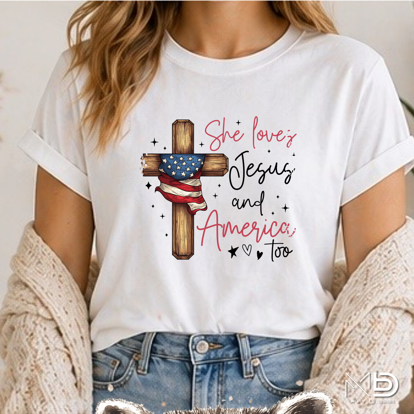 She Loves Jesus and America Too Shirt | Patriotic Christian Women’s Tee | Faith & Freedom Graphic T-Shirt
