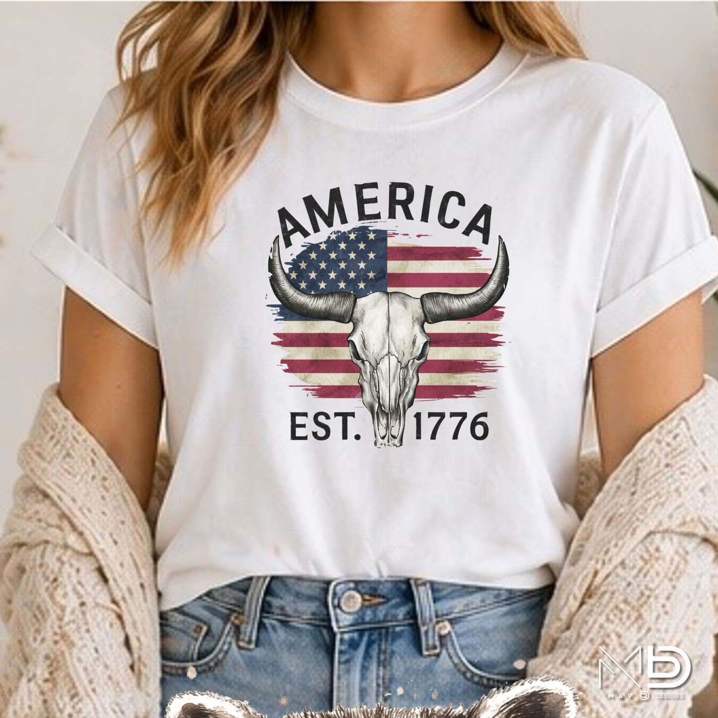 America Est. 1776 Skull Shirt | Patriotic Longhorn Graphic Tee | Western USA Freedom Shirt