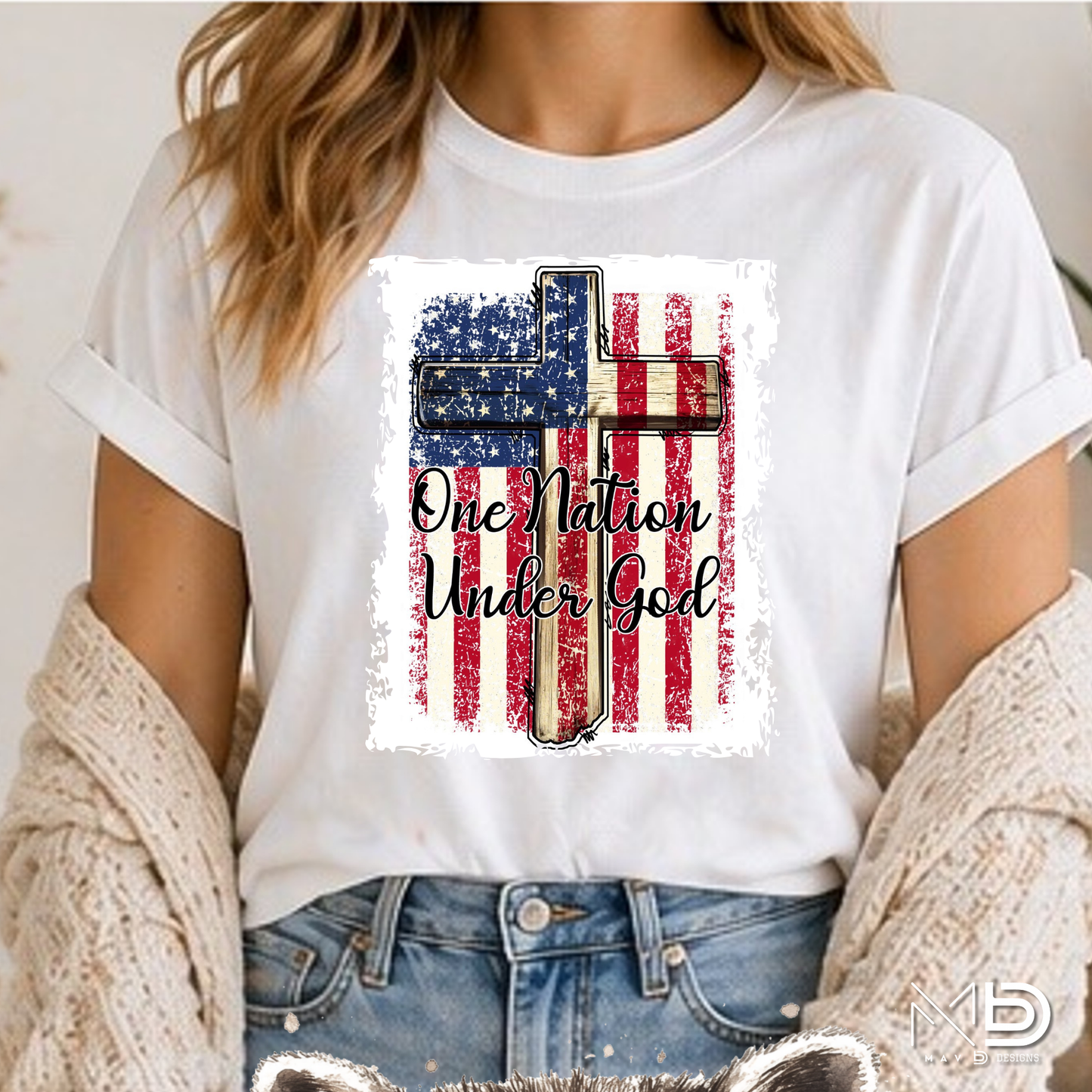 One Nation Under God Patriotic Christian Shirt | American Flag Cross Graphic Tee | Faith & Freedom Shirt