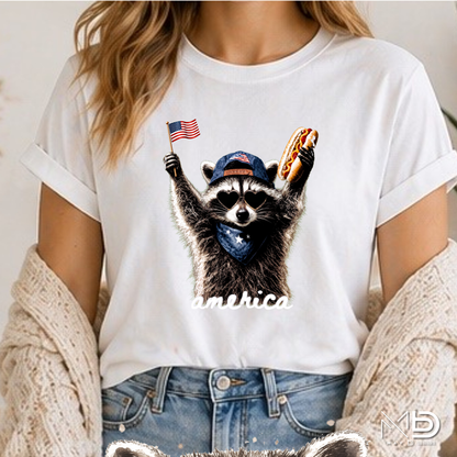 Patriotic Raccoon Hot Dog Shirt | Funny America Graphic Tee | Fourth of July Raccoon Shirt