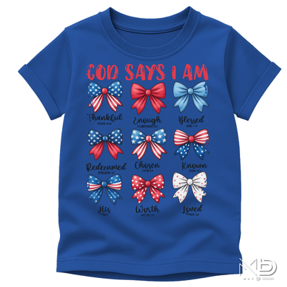 God Says I Am Patriotic Christian Shirt | Faith Bow Graphic Tee | Blessed & Loved USA Shirt
