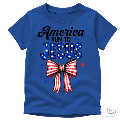 America Run To Jesus Shirt | Patriotic Christian Bow Tee | Faith & Freedom Graphic T-Shirt