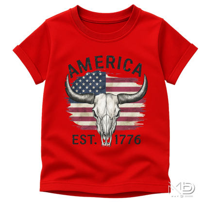 America Est. 1776 Skull Shirt | Patriotic Longhorn Graphic Tee | Western USA Freedom Shirt