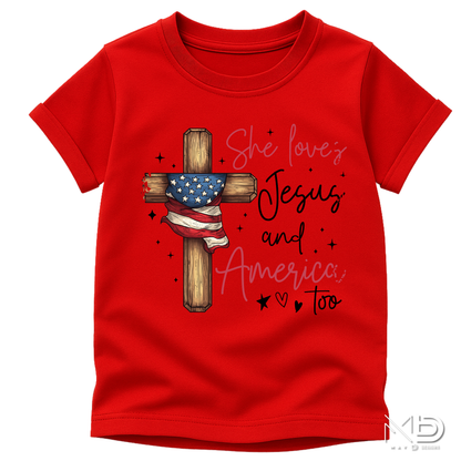 She Loves Jesus and America Too Shirt | Patriotic Christian Women’s Tee | Faith & Freedom Graphic T-Shirt
