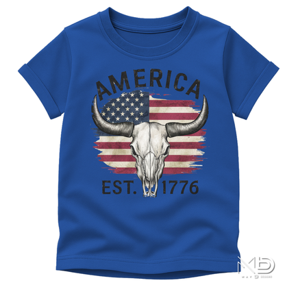 America Est. 1776 Skull Shirt | Patriotic Longhorn Graphic Tee | Western USA Freedom Shirt